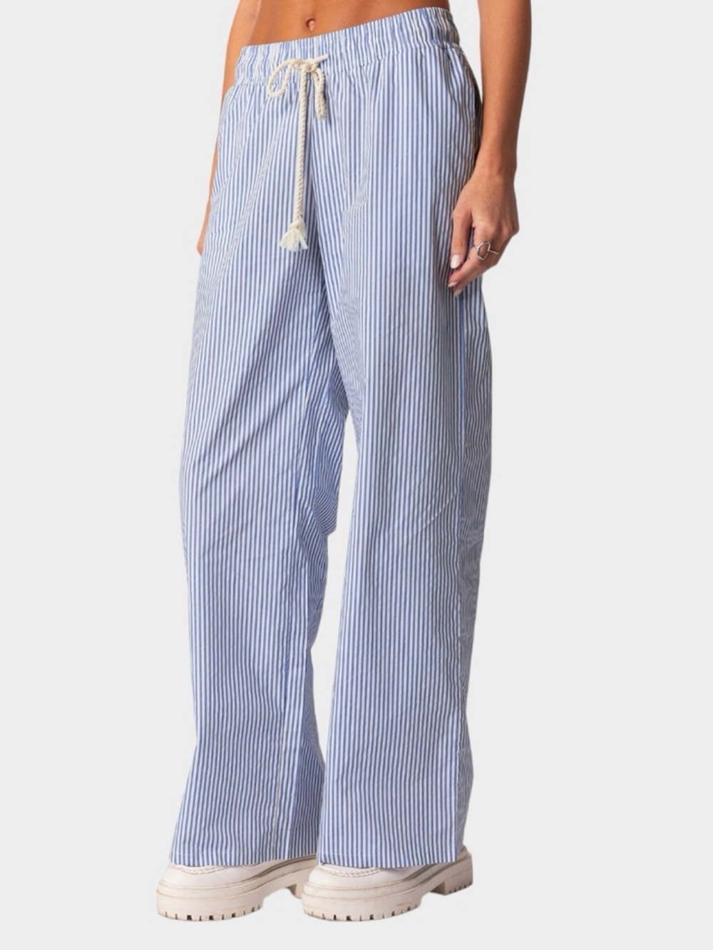 Edikted Blue & White Pinstripe Wide Leg Drawstring Pants 100% cotton